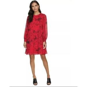 Calvin Klein Red Floral Sheer Sleeve Chiffon Shift Dress Size 4